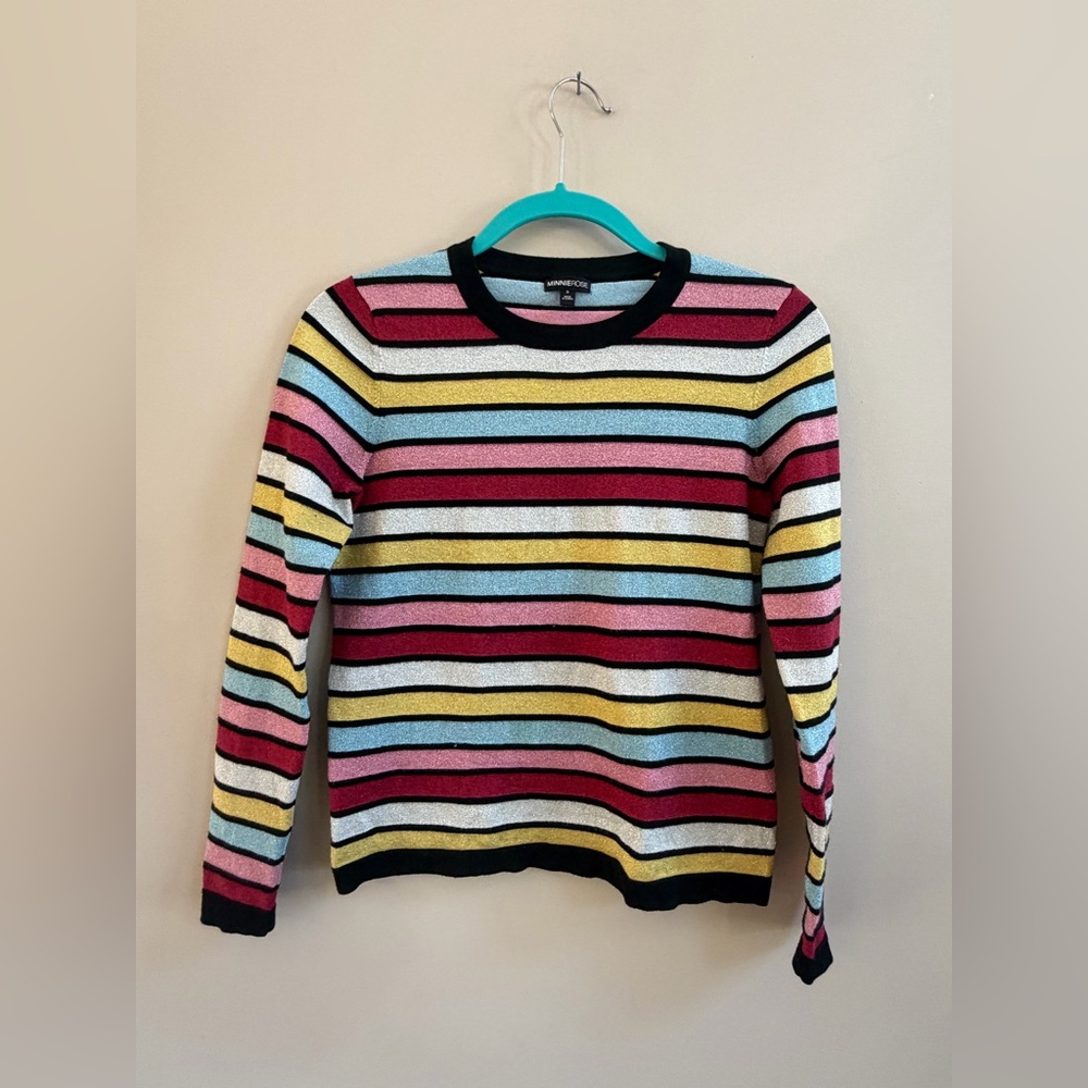 Minnie Rose Multicolor Striped Long Sleeve Metallic Thread Sweater Top Shirt